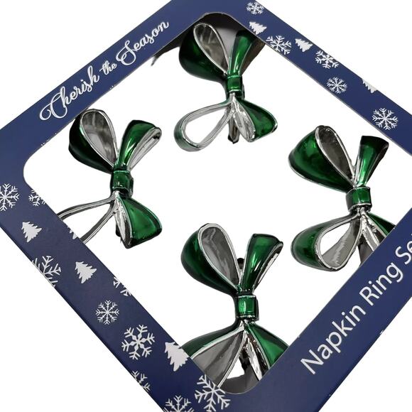 Green Bow Christmas Napkin Rings Set of 4 Silver Holiday Glam Cherish the Season - Picture 12 of 14